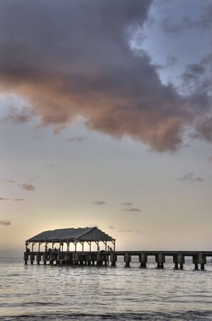 Vertical view of Pier at Hanalei Bay  Beach in Kauai during sunset. HDR.の写真素材