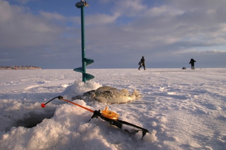 Winter frosty morning fishing on the riverの写真素材