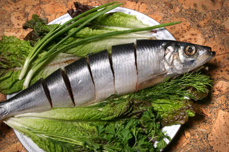 beautifully arranged on a plate tasty, salted herringの写真素材