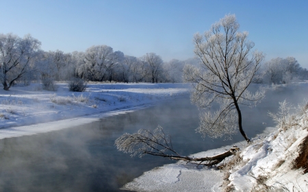 winter landscape frosty day on the river Zai