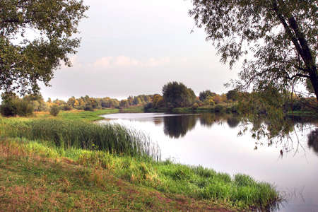 Autumn Landscape first days of autumn on the river near the grove on a cloudy day