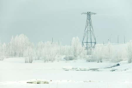 winter landscape power lines in a snowy field near the forestの写真素材