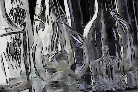 close-up beautiful transparent white empty bottles on the mirror surface on black background studio