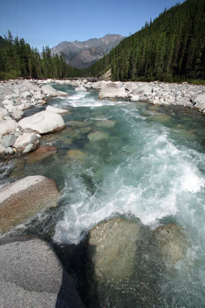 magnificent mountain landscape river, forest and cloudy sky in summer