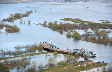 picturesque spring landscape spill Kama River, forests and meadows on a sunny day, the view from the...