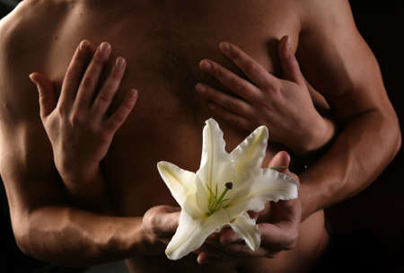 close-up of white lily in the hands against the background of a naked torso studio on dark background sepiaの写真素材