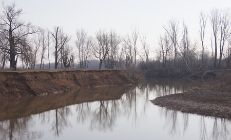 landscape river and trees with no leaves on the shores of foggy morning in early spring