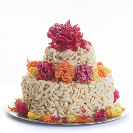 macro national sweet dish chak-chak issued in the form of cake on a light background studioの写真素材