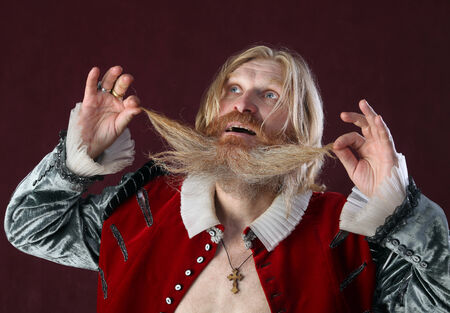 Portrait of an adult man with a long beard and mustache in a medieval suit gesturing with a strange lookの写真素材