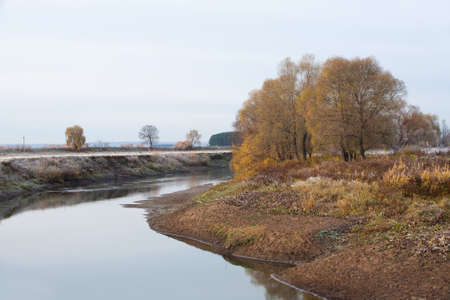 Scenic autumn landscape  oak grove with yellowed leaves near the river, frost on the grass on a cold...
