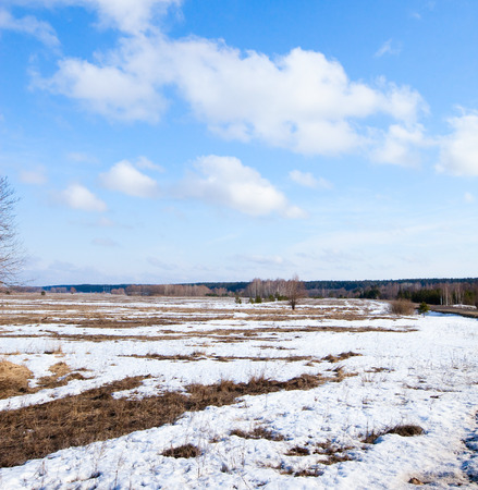 snowmelt in the vast fields in early spring at sunset on a cloudy dayの写真素材