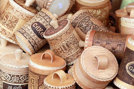 macro several tueskov birch bark for storage of bulk products at the fair of folk craftsの写真素材