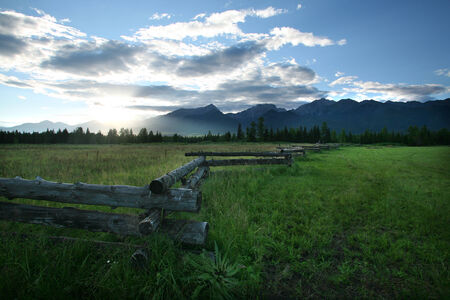 wonderful sunrise in the mountains, green meadow and forest early summer morningの写真素材