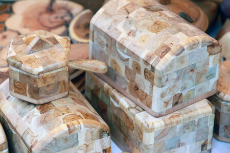 macro of wood caskets in the art of the mosaic pieces of wood