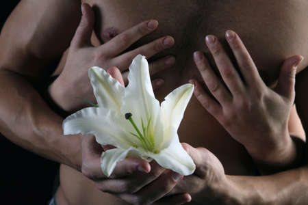 close-up delicate white lily in the hands against the background of naked torso, studio dark backgroundの写真素材