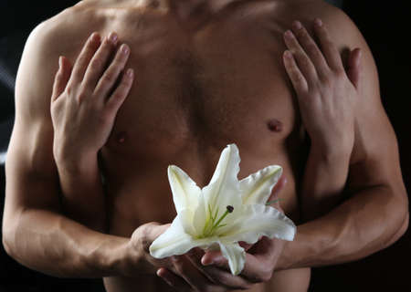 close-up delicate white lily in the hands against the background of naked torso on dark backgroundの写真素材
