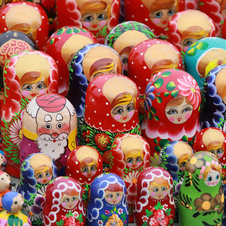 macro set of bright colorful matryoshka at the fair of folk craftsのeditorial素材