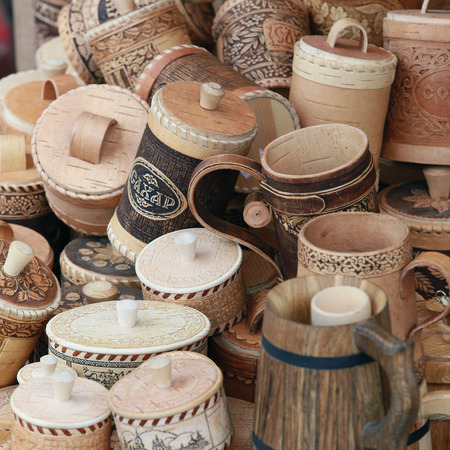 macro several tueskov birch bark for storage of bulk products at the fair of folk craftsの写真素材