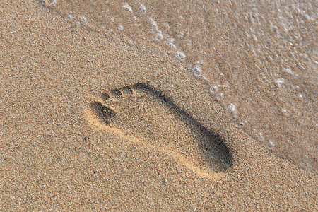 close-up of human footprints in the wet sand at the seasideの写真素材