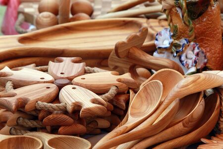 macro handmade wooden utensils - spoons, forks, spatulasの写真素材