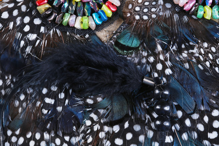 macro texture fragment costume decorated with feathers, embroidery, beads in studioの写真素材