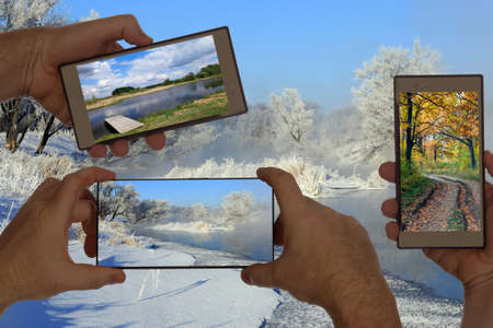 foggy winter landscape frosty morning over the river and trees in hoarfrost on the shores ofの写真素材