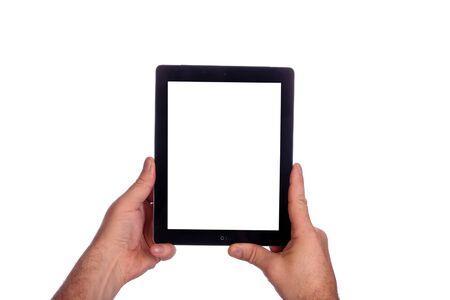 close-up phone in male hand on white background studio
