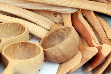 macro handmade wooden utensils - spoons, forks, spatulas