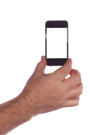 close-up phone in male hand on white studioの写真素材