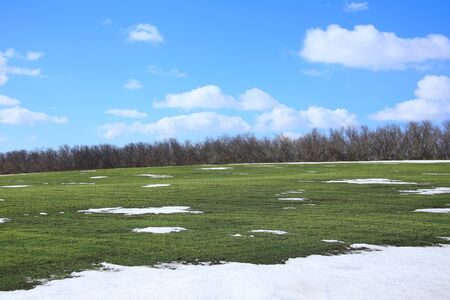 spring landscape snow melt in the field and white clouds on blue sky on a sunny dayの写真素材
