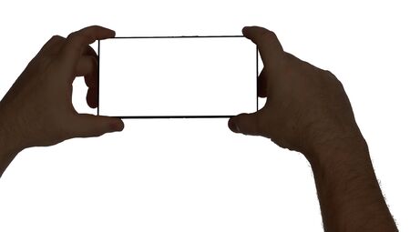 close-up phone in male hand on white background studio
