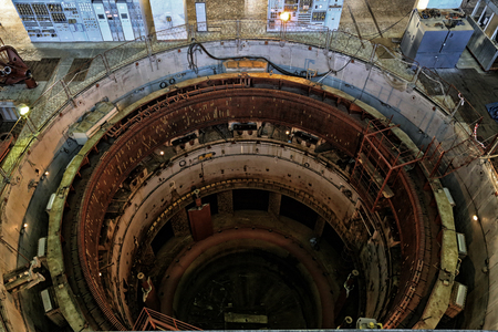 Industrial interior close-up generator stator, hydroelectric turbine hall