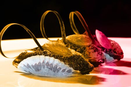 close-up chocolate cake with almonds on a dark background Studioの写真素材