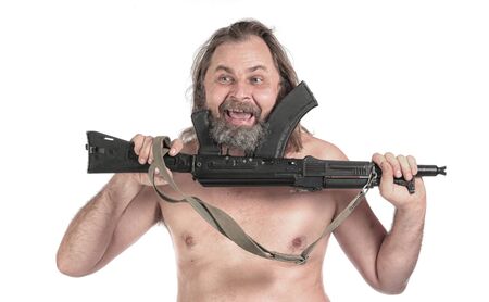 close-up portrait man with a gun on a white background studio