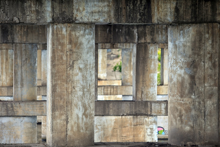 closeup of old concrete bridge supportの写真素材