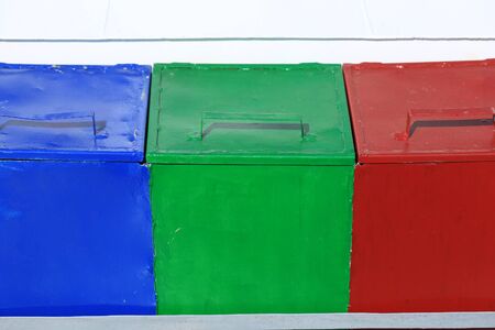 closeup metal boxes on the boat of the deck boat on the river in summerの写真素材