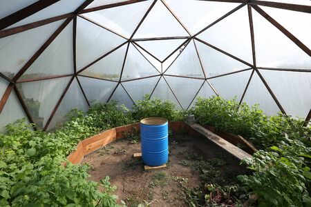 closeup of the interior dome greenhouse on a rainy dayの写真素材