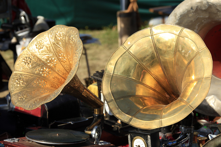 closeup of vintage gramophones at the fair on a sunny dayの写真素材