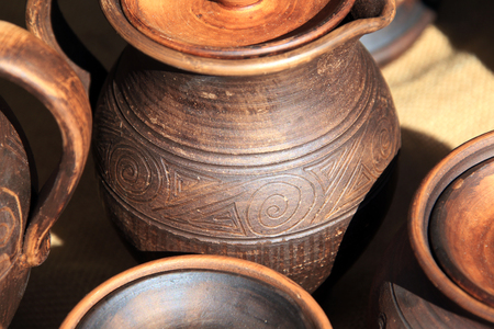 macro beautiful clay pots in sunlightの写真素材