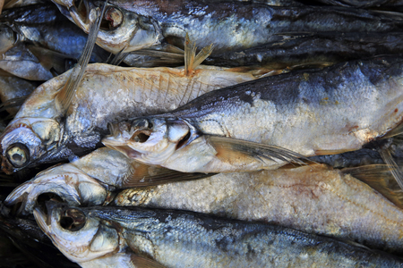 closeup different dried fish in the marketの写真素材