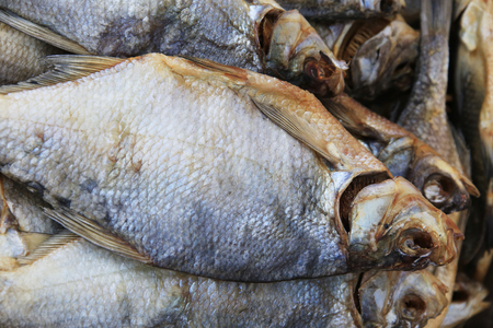 closeup different dried fish in the marketの写真素材