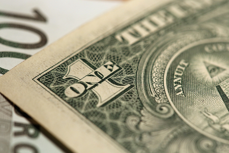 macro fragment banknote one US dollar, low depth of fieldの写真素材