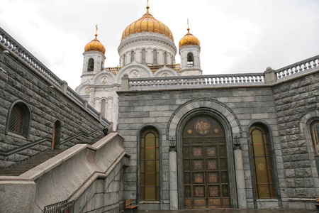 cityscape stone staircase near the Christ the Savior Cathedral in autumn dayの写真素材