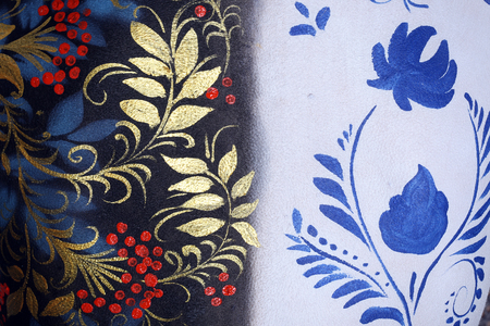 Macro Background texture of body painted in Khokhloma style And Gzhelの写真素材