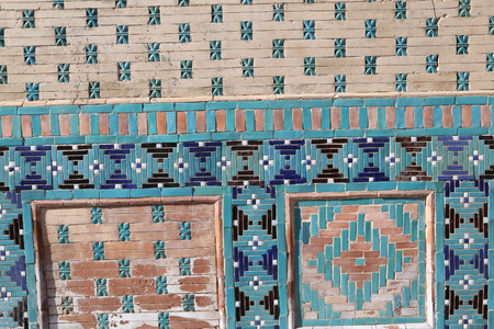 Detail of a mosaic of ceramic tiles in a madrassaの写真素材