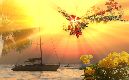 seascape scenic sunset and anchored boat with deflated sails off the coast of Thailandの写真素材