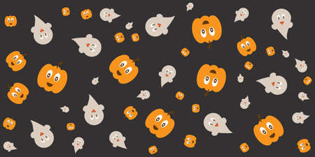 Halloween pumpkin patch doodle pattern banner background. Background with pumpkins, ghosts, candy, witch broom, bats, cobwebs, skulls, bones, headstones, witch hats. Paper art styleのイラスト素材