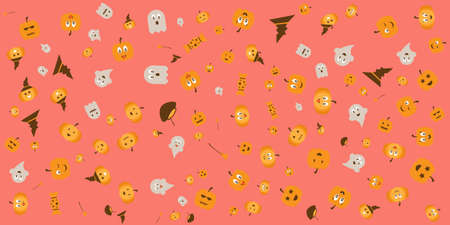Halloween pumpkin patch doodle pattern banner background. Background with pumpkins, ghosts, candy, witch broom, bats, cobwebs, skulls, bones, headstones, witch hats. Paper art styleのイラスト素材