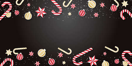 Christmas background. Holiday's Background with Season Wishes and Border of Realistic Looking Christmas Tree Branches Decorated with Berries, Stars and Candy Canesのイラスト素材