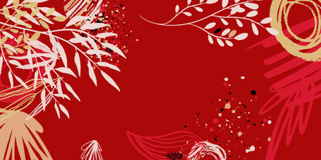 Greeting card abstract floral background for valentine, wedding invitation. Trendy geometric forms and floral decor elements. Floral botanical organic background with hand drawn art brush strokeのイラスト素材